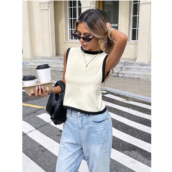 Knit Sleeveless Top Off White with Black Contrast Binding Tie Back - Picture 7 of 11
